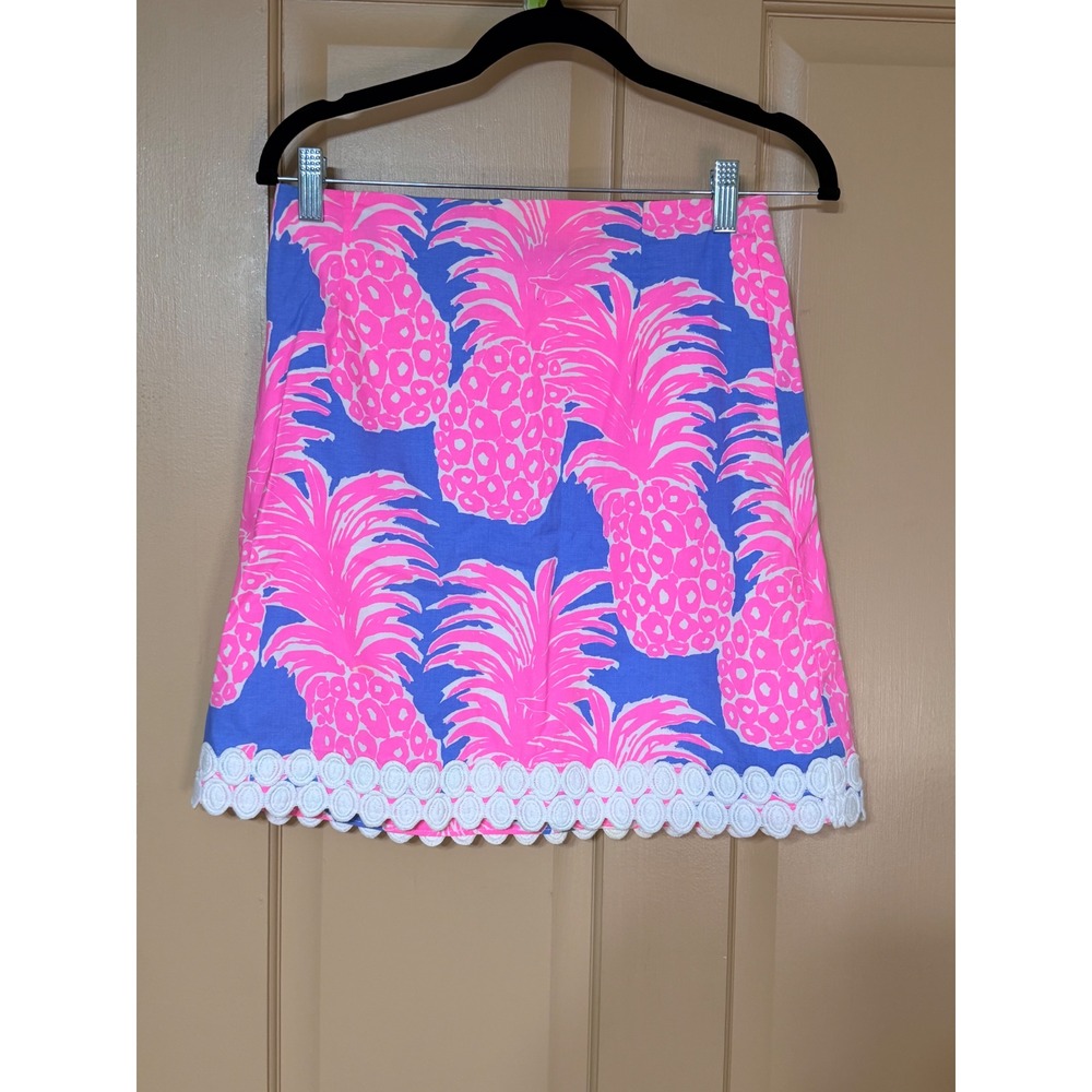 Lilly Pulitzer Pink Blue Pineapple Print Mini Skirt Lace Trim Size 2